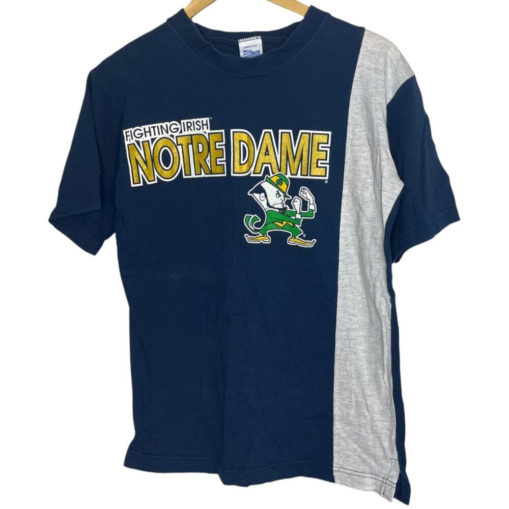 Vintage Notre Dame Fighting Irish Tee Shirt Size M Blue Gray Retro Colorblock